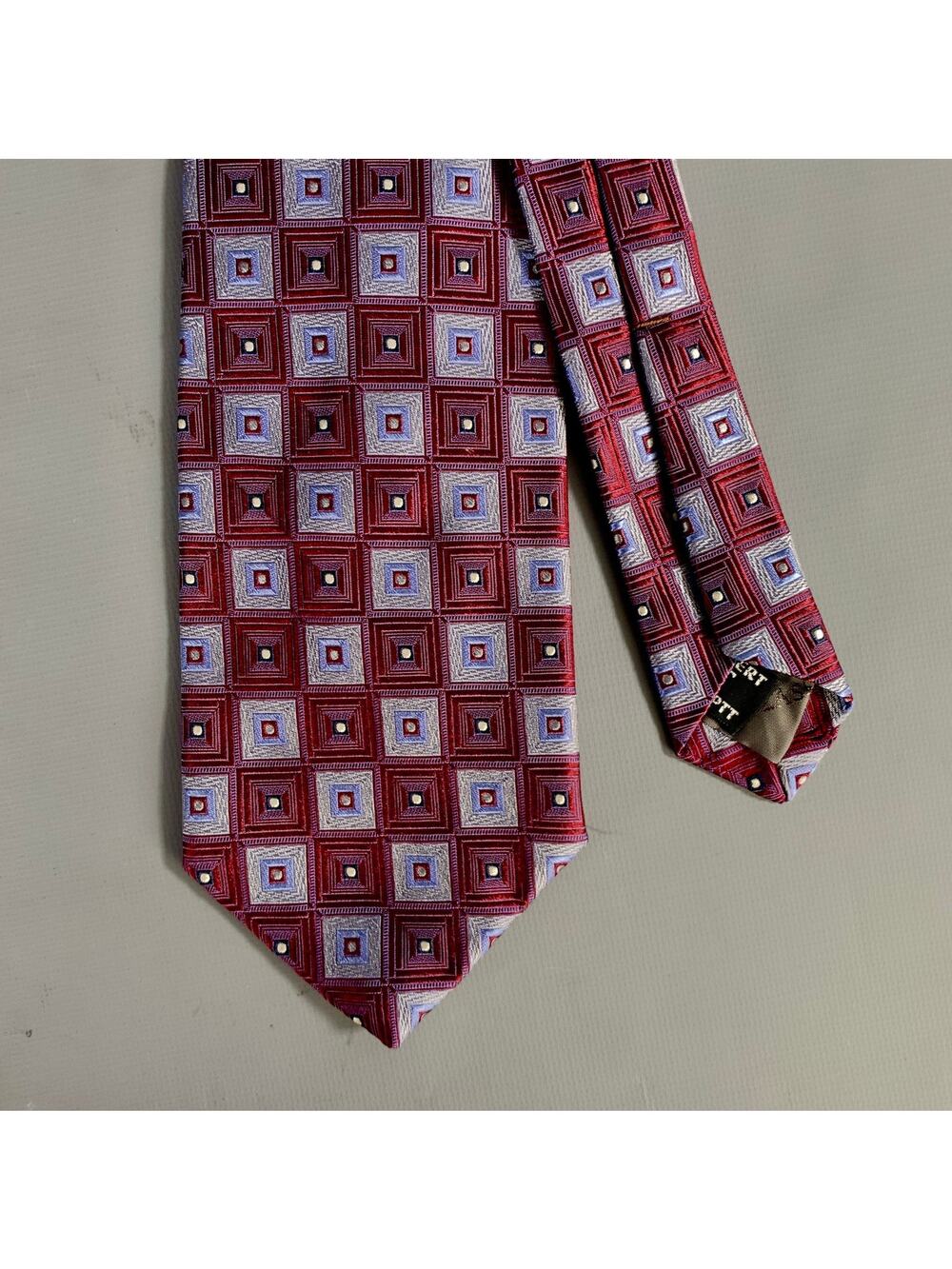 ROBERT TALBOTT Burgundy Silver & Blue Geometric Silk Tie